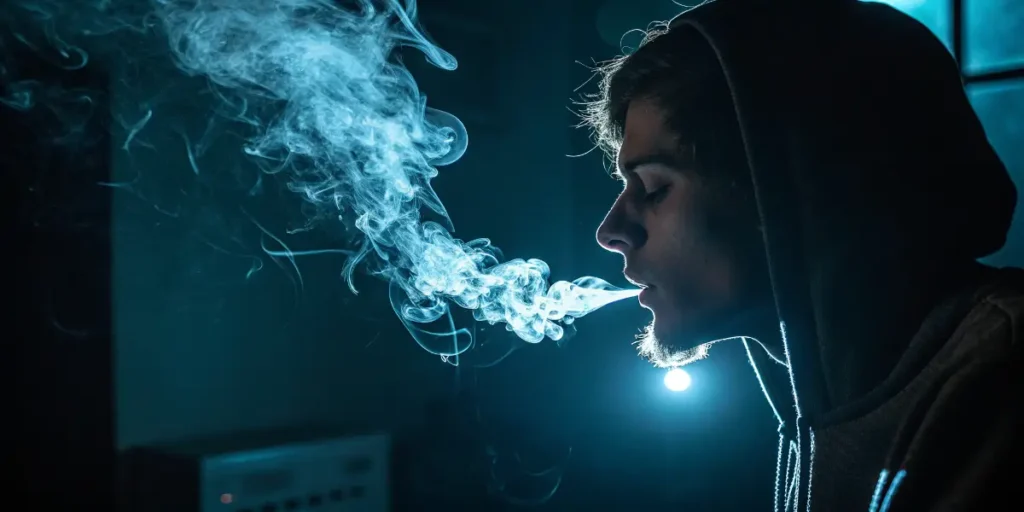 A close-up of a person performing vape tricks in low light, exhaling a thick cloud of smoke that swirls under a blue glow, representing beginner vape and smoke techniques.