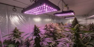 Cannabis Grow Room illuminated by purple LED lights, featuring healthy, tall plants in controlled indoor conditions.