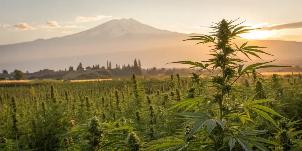 Cannabis in Lebanon plants growing in a sunny field with mountain in background.