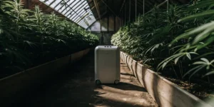 Compact white dehumidifier in the aisle of a cannabis greenhouse, with rows of plants on both sides.