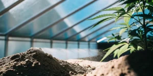 Close-up of diatomaceous earth being dusted onto soil with a cannabis plant, under a bright greenhouse roof.