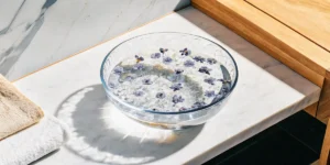 Overhead view of a glass bowl filled with water, ice, and floating purple flowers on a marble counter.