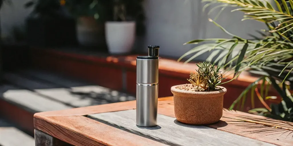 Sleek metallic spray bottle next to a small potted plant on a wooden outdoor table in bright sunlight.