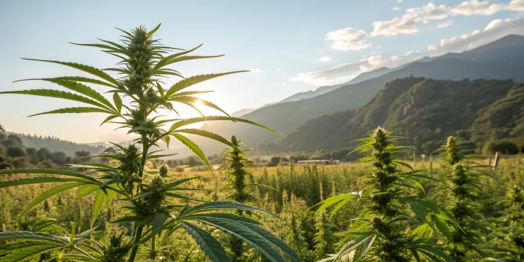 Mountain Valley Outdoor Cannabis Field with tall green plants illuminated by sunset light and surrounded by hills.
