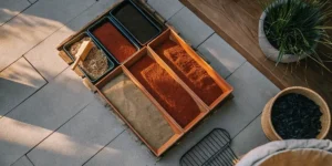 Top-down shot of three trays filled with red, tan, and brown soil components on a wooden table, next to a potted plant.