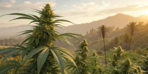 acapulco cannabis field at golden hour surrounded by palm trees and hills.