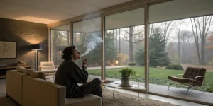Person enjoying a smoke at home using activated carbon smoking filters.