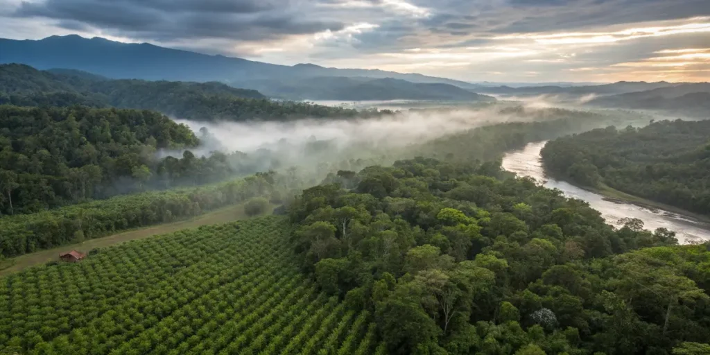 Cannabis in Costa Rica aerial view showing green fields by a river and misty mountains