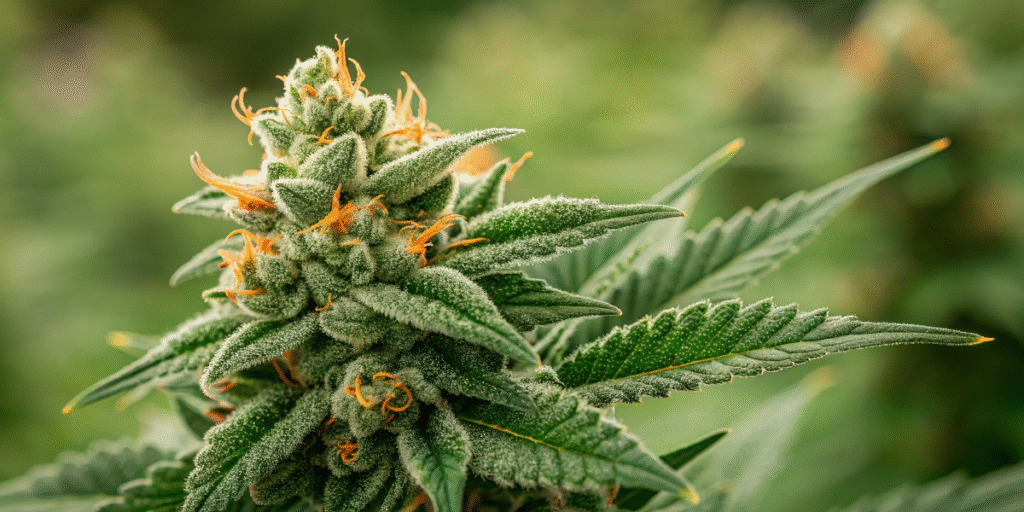 Detailed view of Alien OG cannabis flower showing crystal trichomes and rich green leaves.
