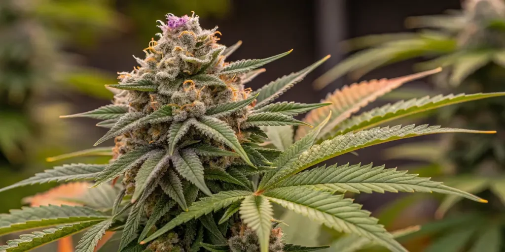 Close-up of Arjan's Ultra Haze #1 cannabis bud covered in trichomes with purple and orange hues.