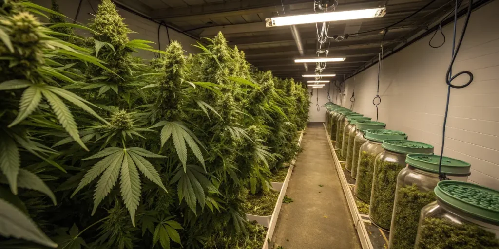 Banana Kush Cake Auto plants drying in a controlled environment with jars of cured buds.