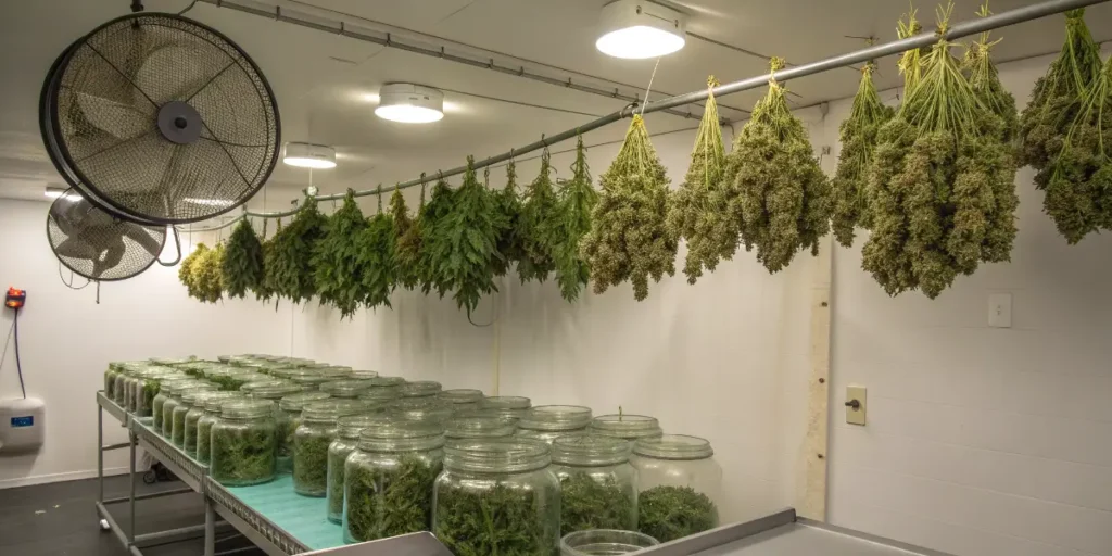 big bud cannabis branches hanging to dry with glass jars filled with trimmed buds below.