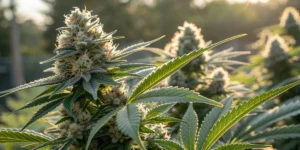 cannabis plant in full bloom glistening under natural sunlight.