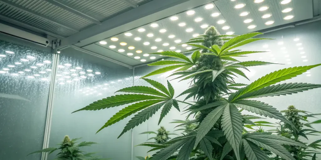 mature cannabis plant with dense buds under LED lights.
