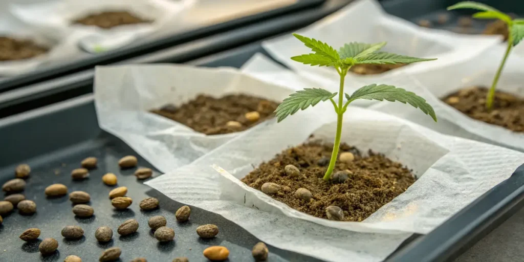 Blue Gelato 41 cannabis seedling sprouting from soil surrounded by seeds.