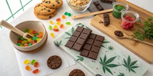 Assorted cannabis edibles including chocolates, cookies, and gummies on a bright kitchen table.