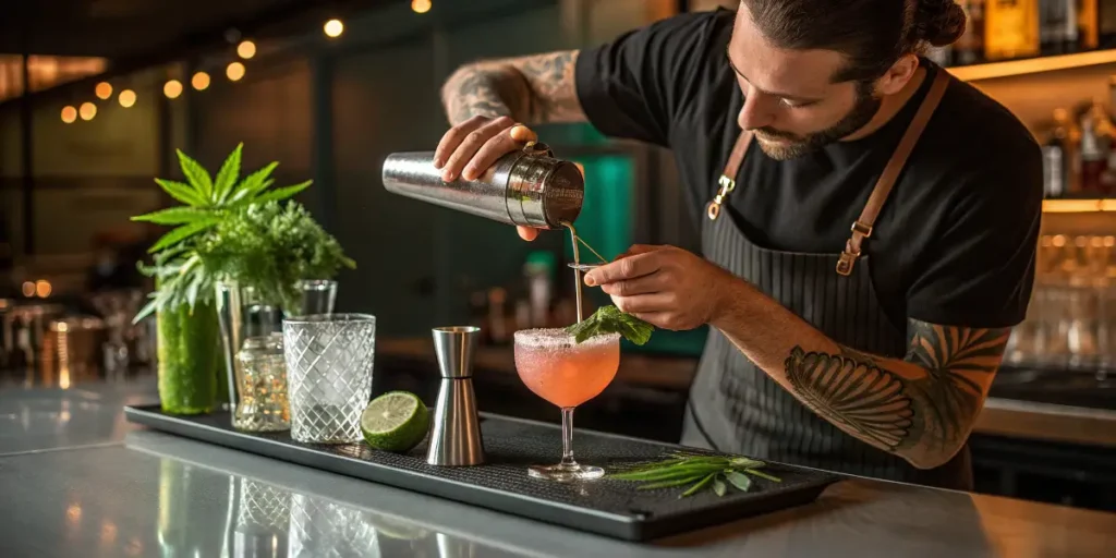 Mixologist garnishing a pink cannabis-infused cocktail with fresh leaves.
