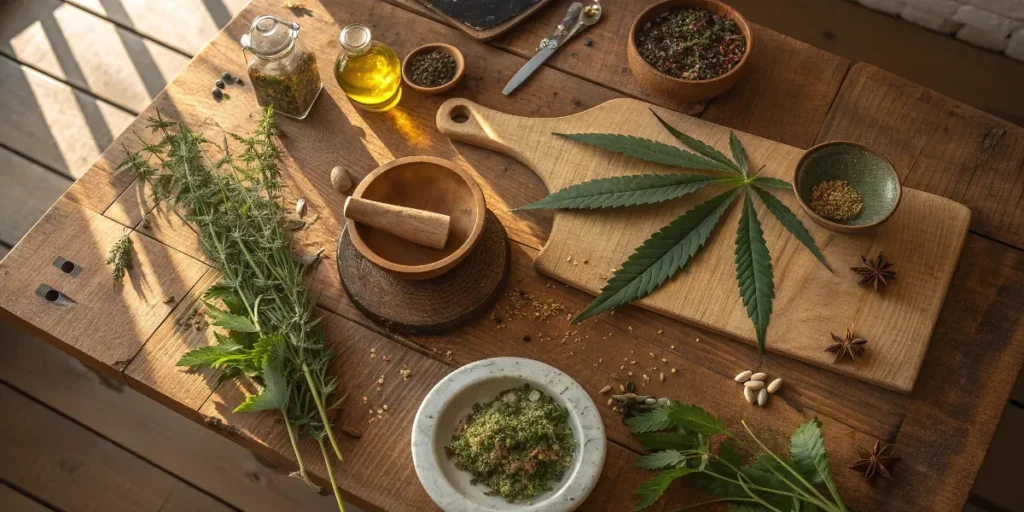 cannabis leaves and herbs arranged on rustic wooden table for flavor exploration