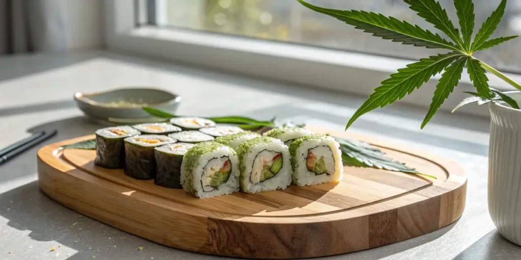 Sushi rolls on a wooden tray next to a cannabis leaf in natural light.