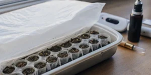 Cannabis seedlings in a tray covered with plastic film for humidity control
