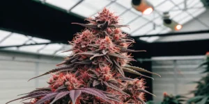 Close-up of Cherry Dream cannabis bud with deep red pistils under greenhouse lighting.