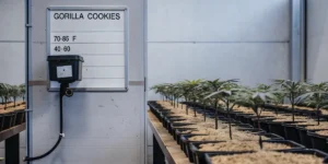Gorilla Cookies cannabis seedlings in pots inside a controlled grow room with temperature and humidity settings.