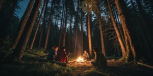 group of friends sitting around campfire in forest at night.