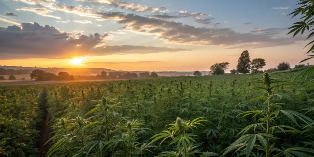 Expansive hemp field glowing under a beautiful sunset sky.