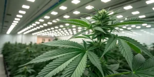 Blue Skunk cannabis plants growing vigorously in an indoor LED grow room.