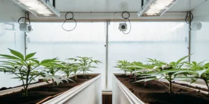 Indoor cannabis grow setup with LED lighting and healthy young plants in soil beds