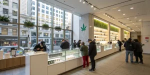 Modern cannabis dispensary with customers exploring products in a bright urban store.