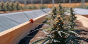 outdoor cannabis plant with ladybug on wooden planter