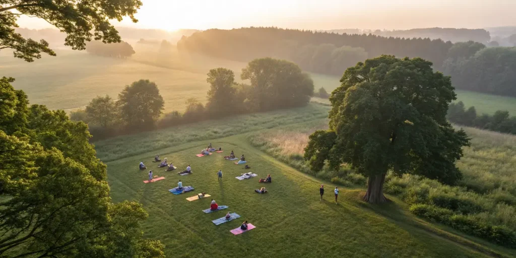 Group practicing outdoor yoga at sunrise surrounded by nature
