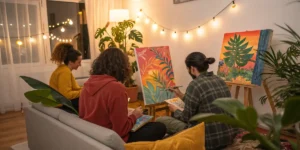 Friends painting colorful art together in a cozy room, expressing creativity through activities to do while high.