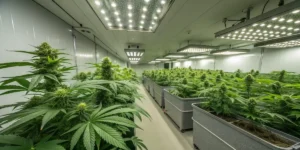 Swiss Dream Auto CBD plants growing indoors under LED lights in ventilated room.