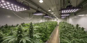 Watermelon zkittlez plants in full bloom under LED lights in a modern indoor grow room.