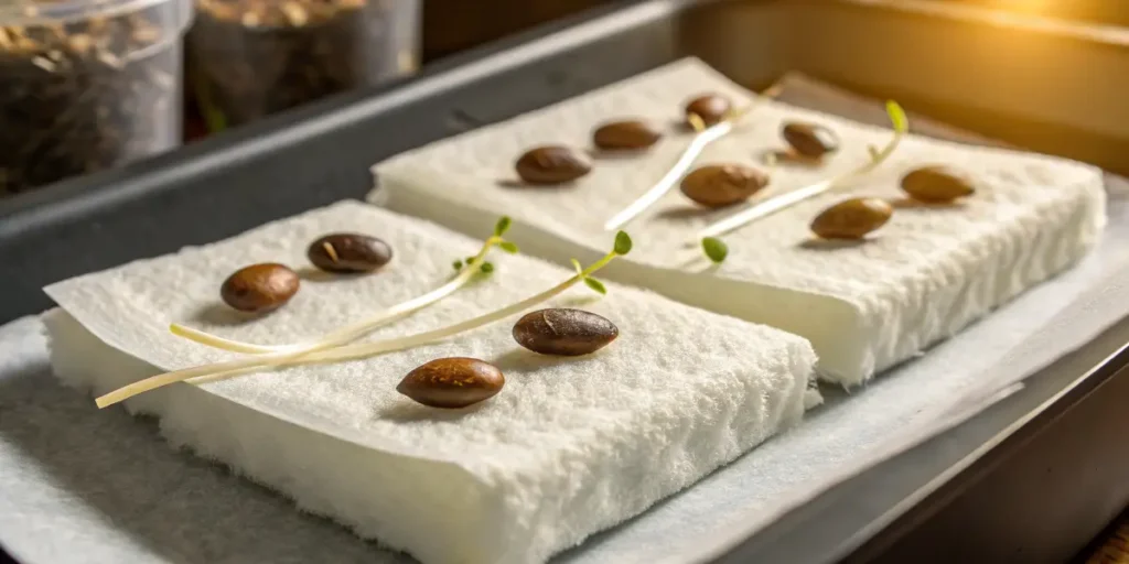 Germinating wedding cake seeds with visible roots on wet paper towels in a tray.