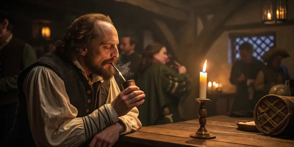 William Shakespeare smoking a pipe in a dimly lit tavern surrounded by other patrons.