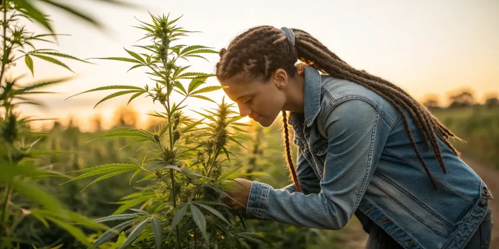 Woman tending to cannabis plants in an outdoor farm during golden hour.
