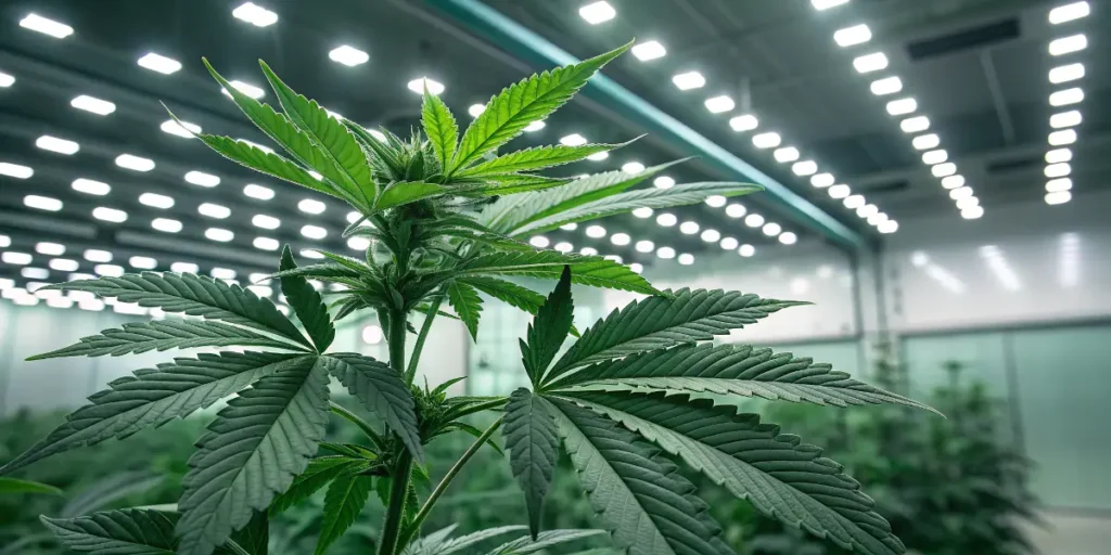 Blue Skunk cannabis young plant developing in rich soil inside greenhouse.