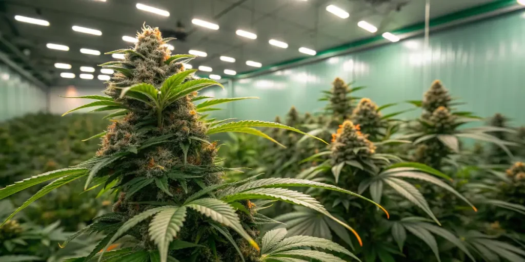 Cindy 99 cannabis plant in flowering stage with dense buds under LED grow lights.
