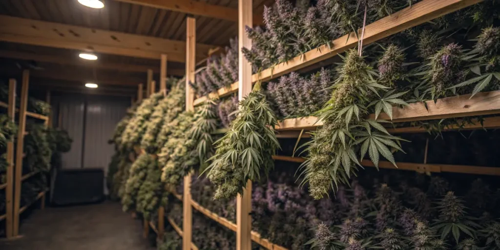 Green Crack branches hanging and curing on shelves inside a warm, wooden drying space.