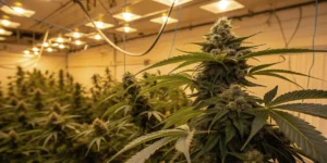 Mature Hellfire OG plant developing thick resinous buds in an indoor grow room.