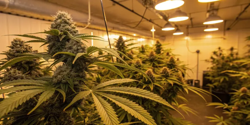 Hellfire OG buds swelling under warm indoor grow lights in a controlled environment.