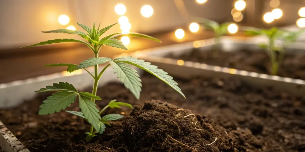 Indica Cream cannabis seedling sprouting in nutrient-rich soil under warm lights
