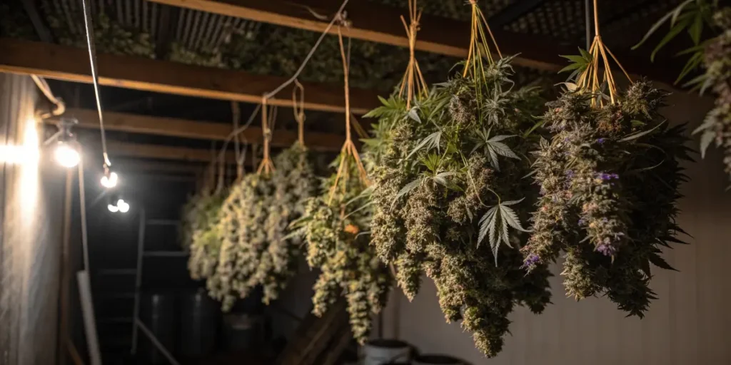 Freshly harvested Jack Auto branches drying on ropes inside a wooden structure.