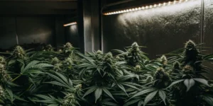 Cannabis plants with large green leaves and buds growing under artificial LED lighting.
