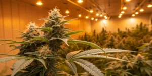 Bruce Banner cannabis plant in flowering stage under warm grow lights.