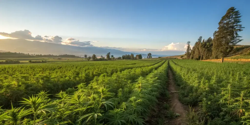 Outdoor field of Bubble Gum Sherb cannabis plants under clear skies.