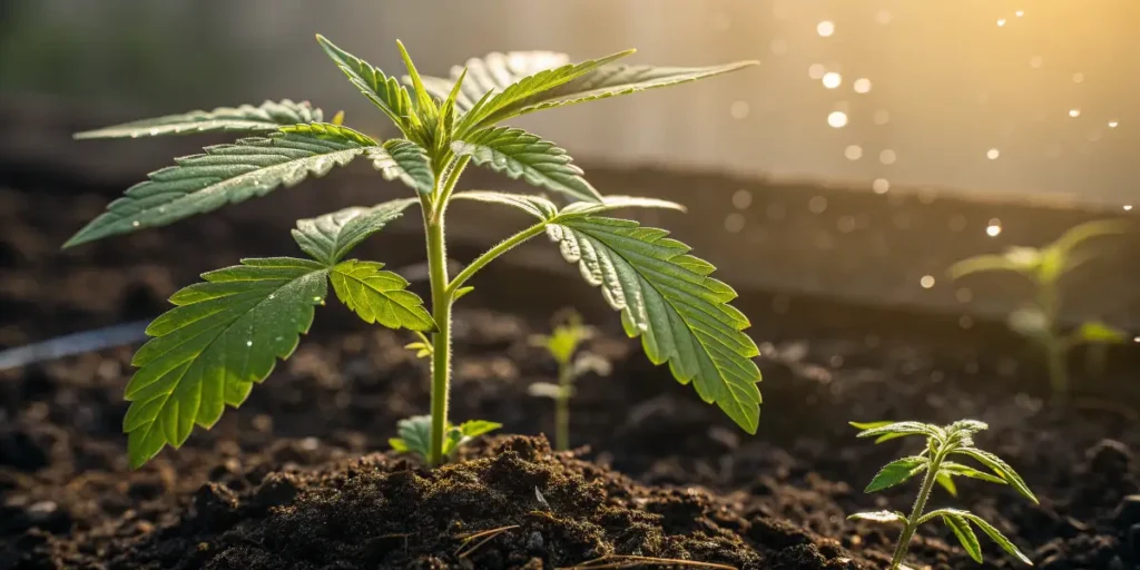 Small Cafe Racer Auto cannabis plant growing in soil under warm sunlight with water droplets.